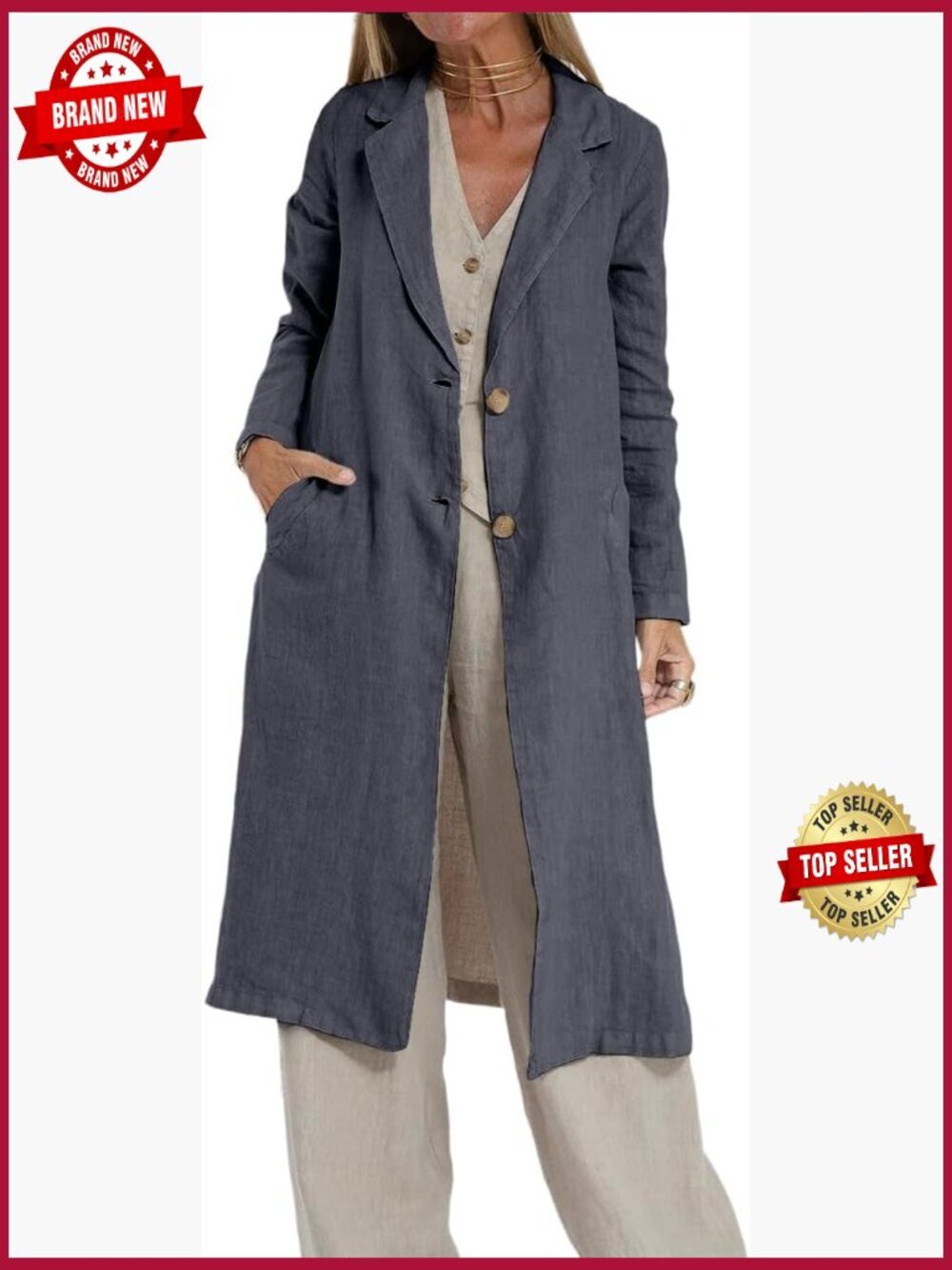 Long Linen Blazer Jacket Casual Lightweight Trench Coat Women